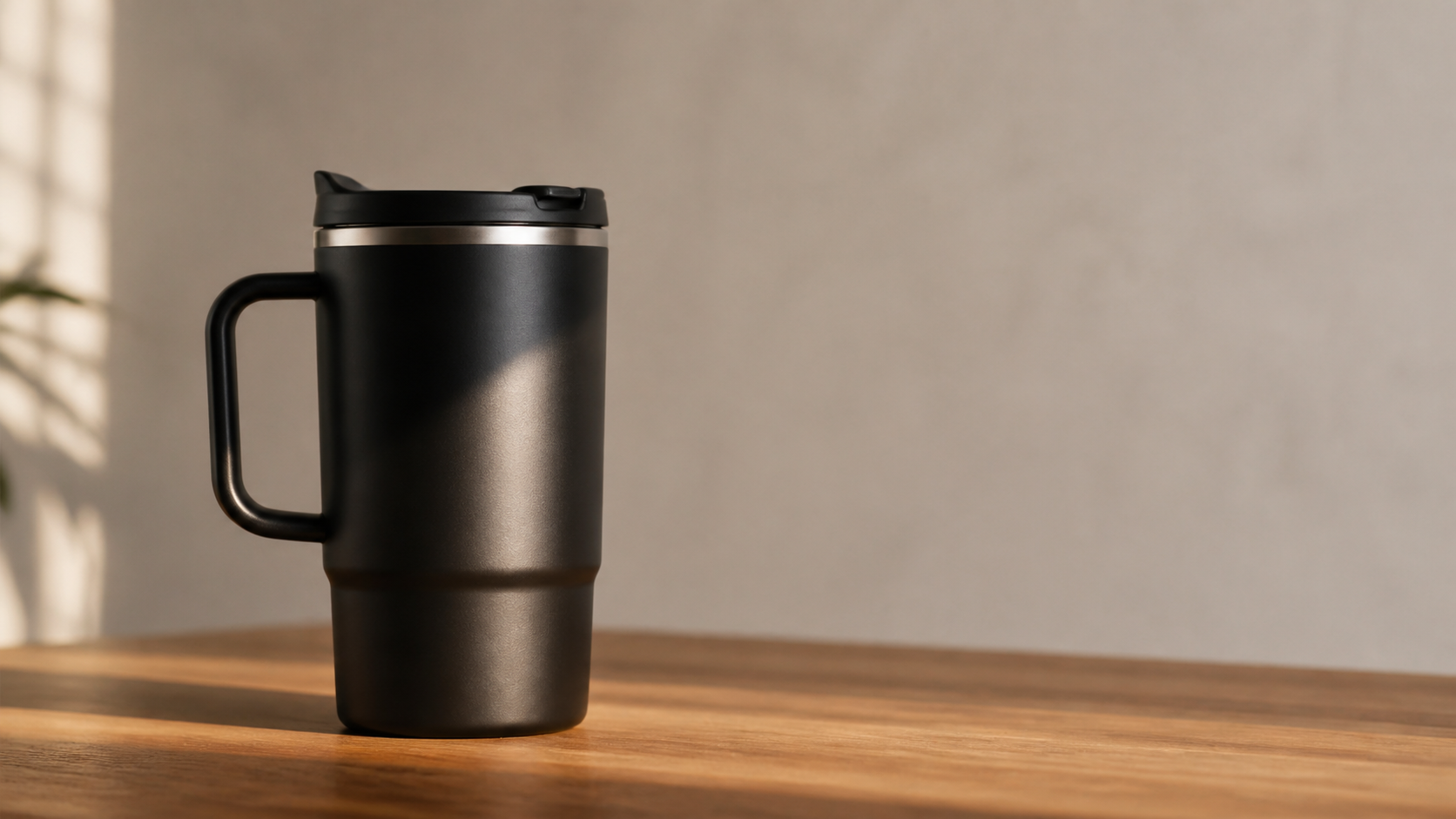 Black travel mug reference for a MiniMax H3 image-to-video cost test